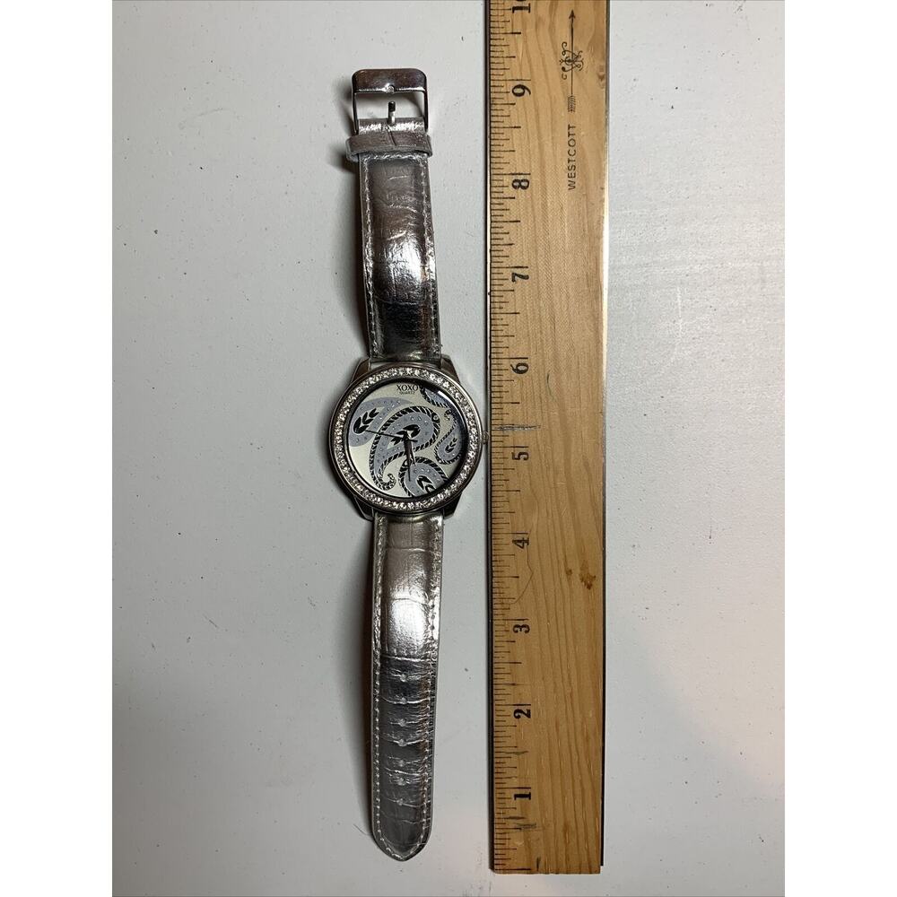 XOXO by Accutime Silvertone and Rhinestone Quartz Watch Paisley Silver Leather - Picture 3 of 6